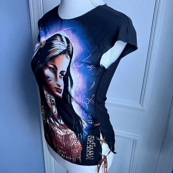 Y2K Morgan de Toi Tee Shirt Indian Princess Side Lace Cut Out Cap Sleeve Size XS - Picture 7 of 13